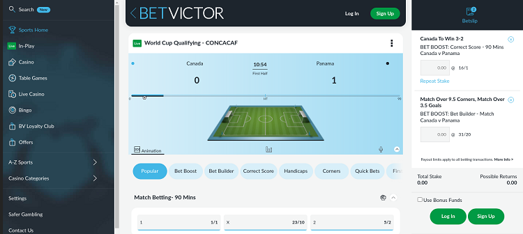 Screenshot of Betvictor football betting section