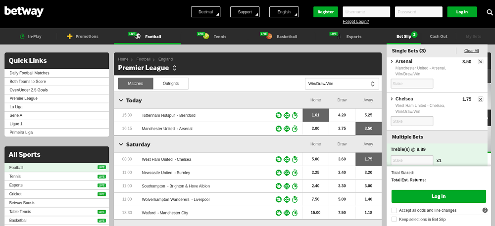 Betway Betting Site Football section